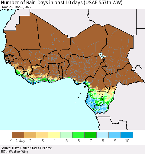 Western Africa Number of Rain Days in past 10 days (USAF 557th WW) Thematic Map For 12/1/2022 - 12/5/2022