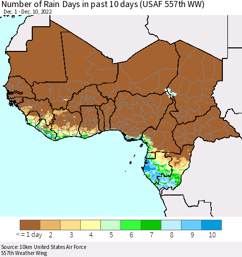 Western Africa Number of Rain Days in past 10 days (USAF 557th WW) Thematic Map For 12/6/2022 - 12/10/2022