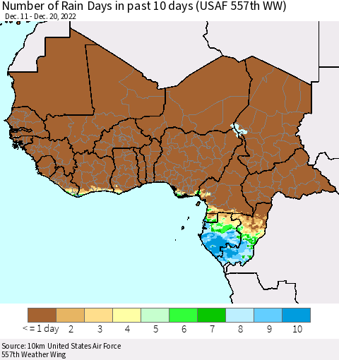 Western Africa Number of Rain Days in past 10 days (USAF 557th WW) Thematic Map For 12/16/2022 - 12/20/2022