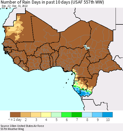 Western Africa Number of Rain Days in past 10 days (USAF 557th WW) Thematic Map For 12/26/2022 - 12/31/2022