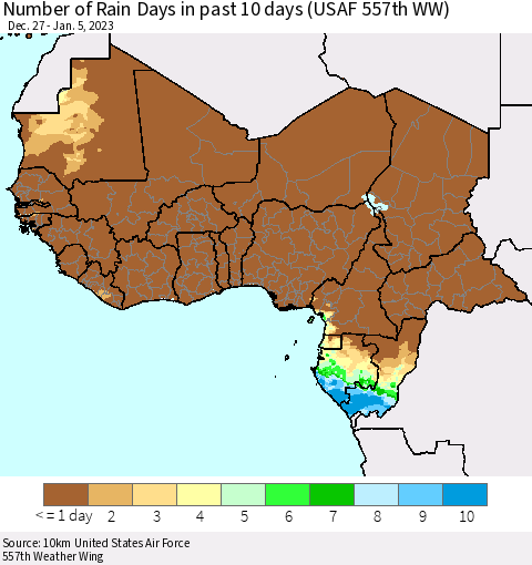 Western Africa Number of Rain Days in past 10 days (USAF 557th WW) Thematic Map For 1/1/2023 - 1/5/2023