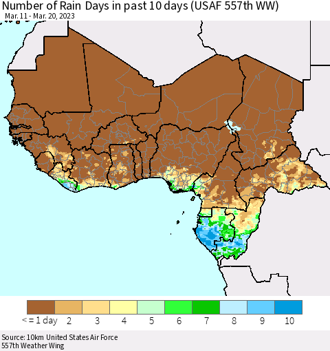 Western Africa Number of Rain Days in past 10 days (USAF 557th WW) Thematic Map For 3/16/2023 - 3/20/2023
