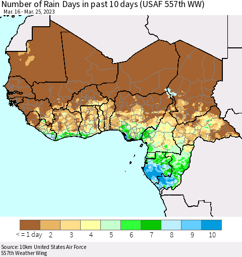 Western Africa Number of Rain Days in past 10 days (USAF 557th WW) Thematic Map For 3/21/2023 - 3/25/2023