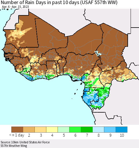 Western Africa Number of Rain Days in past 10 days (USAF 557th WW) Thematic Map For 4/11/2023 - 4/15/2023