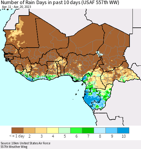 Western Africa Number of Rain Days in past 10 days (USAF 557th WW) Thematic Map For 4/16/2023 - 4/20/2023