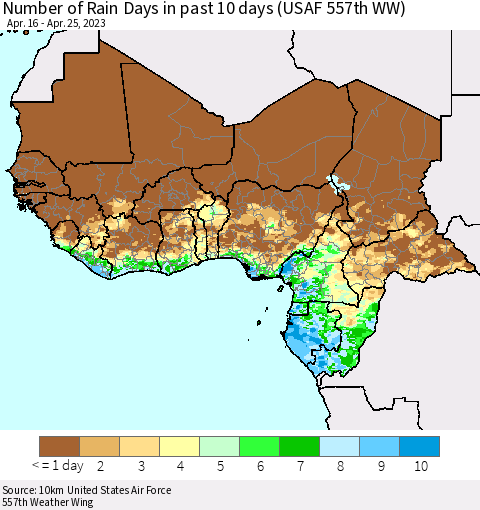Western Africa Number of Rain Days in past 10 days (USAF 557th WW) Thematic Map For 4/21/2023 - 4/25/2023