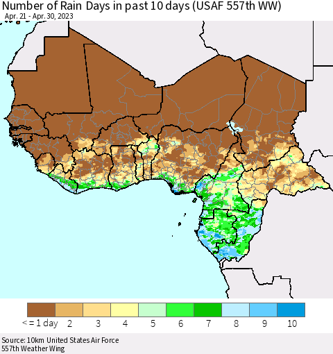 Western Africa Number of Rain Days in past 10 days (USAF 557th WW) Thematic Map For 4/26/2023 - 4/30/2023