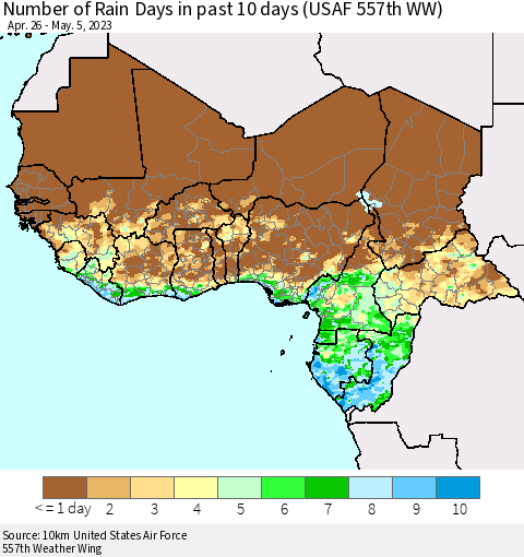 Western Africa Number of Rain Days in past 10 days (USAF 557th WW) Thematic Map For 5/1/2023 - 5/5/2023