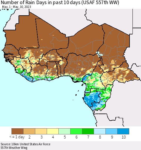 Western Africa Number of Rain Days in past 10 days (USAF 557th WW) Thematic Map For 5/6/2023 - 5/10/2023