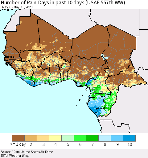 Western Africa Number of Rain Days in past 10 days (USAF 557th WW) Thematic Map For 5/11/2023 - 5/15/2023