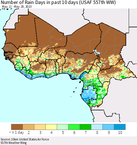 Western Africa Number of Rain Days in past 10 days (USAF 557th WW) Thematic Map For 5/16/2023 - 5/20/2023
