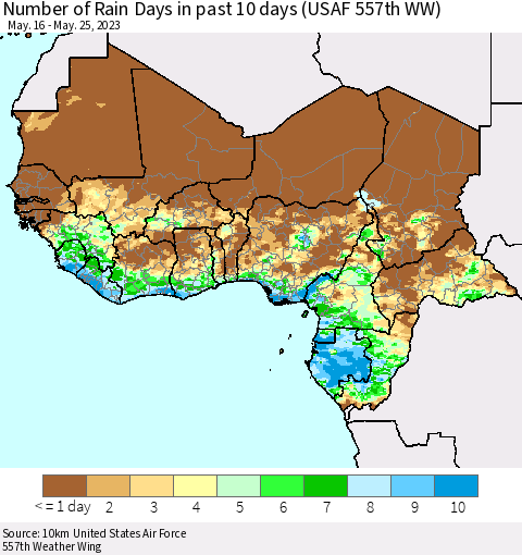 Western Africa Number of Rain Days in past 10 days (USAF 557th WW) Thematic Map For 5/21/2023 - 5/25/2023
