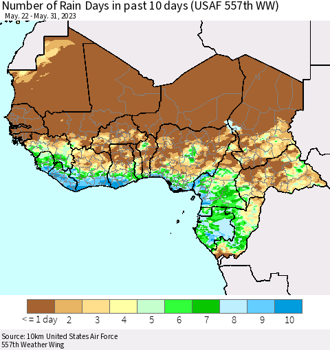 Western Africa Number of Rain Days in past 10 days (USAF 557th WW) Thematic Map For 5/26/2023 - 5/31/2023