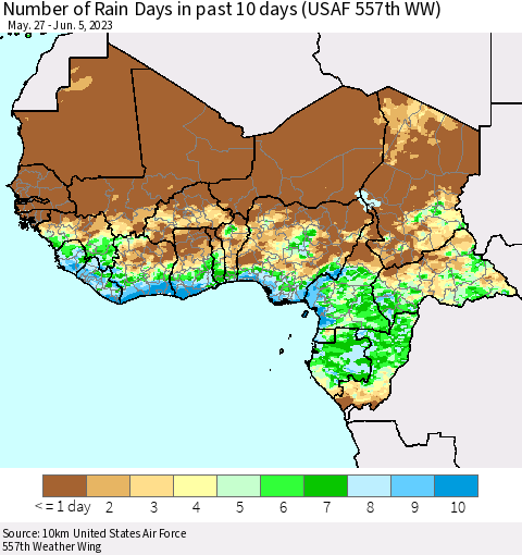 Western Africa Number of Rain Days in past 10 days (USAF 557th WW) Thematic Map For 6/1/2023 - 6/5/2023