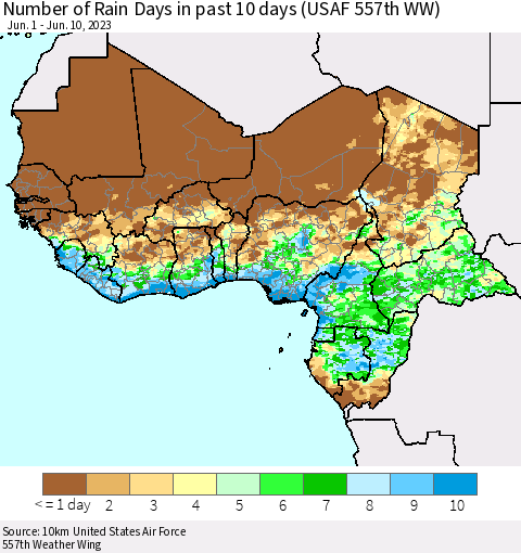 Western Africa Number of Rain Days in past 10 days (USAF 557th WW) Thematic Map For 6/6/2023 - 6/10/2023