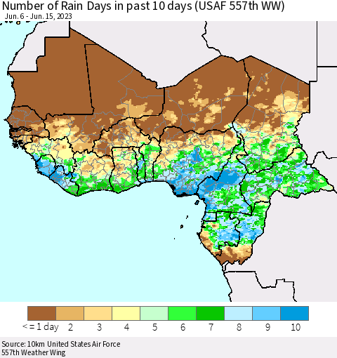 Western Africa Number of Rain Days in past 10 days (USAF 557th WW) Thematic Map For 6/11/2023 - 6/15/2023