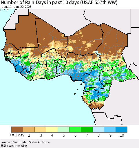 Western Africa Number of Rain Days in past 10 days (USAF 557th WW) Thematic Map For 6/16/2023 - 6/20/2023