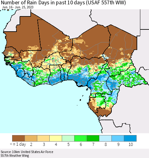 Western Africa Number of Rain Days in past 10 days (USAF 557th WW) Thematic Map For 6/21/2023 - 6/25/2023
