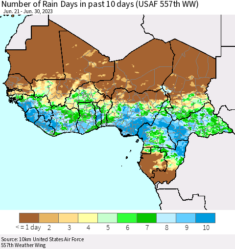 Western Africa Number of Rain Days in past 10 days (USAF 557th WW) Thematic Map For 6/26/2023 - 6/30/2023