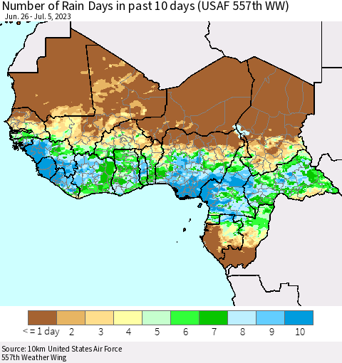 Western Africa Number of Rain Days in past 10 days (USAF 557th WW) Thematic Map For 7/1/2023 - 7/5/2023