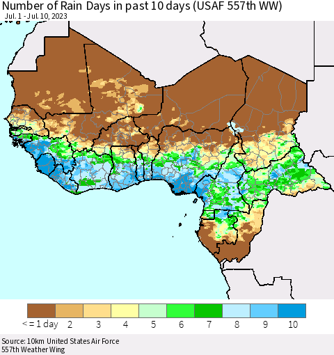 Western Africa Number of Rain Days in past 10 days (USAF 557th WW) Thematic Map For 7/6/2023 - 7/10/2023