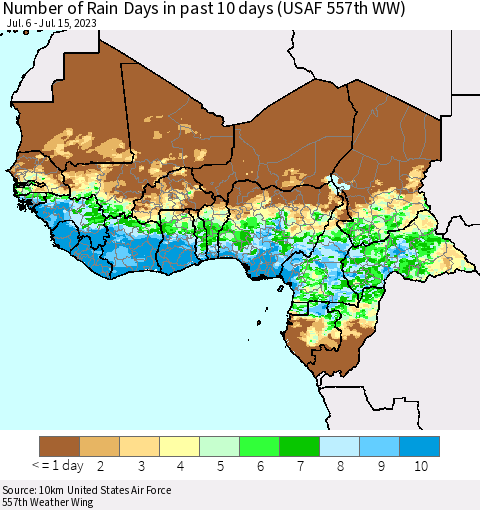 Western Africa Number of Rain Days in past 10 days (USAF 557th WW) Thematic Map For 7/11/2023 - 7/15/2023