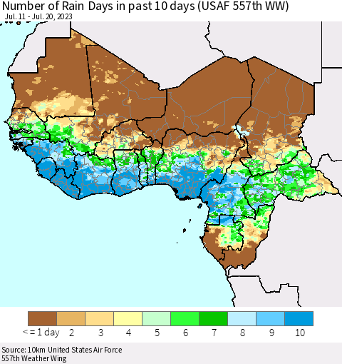 Western Africa Number of Rain Days in past 10 days (USAF 557th WW) Thematic Map For 7/16/2023 - 7/20/2023