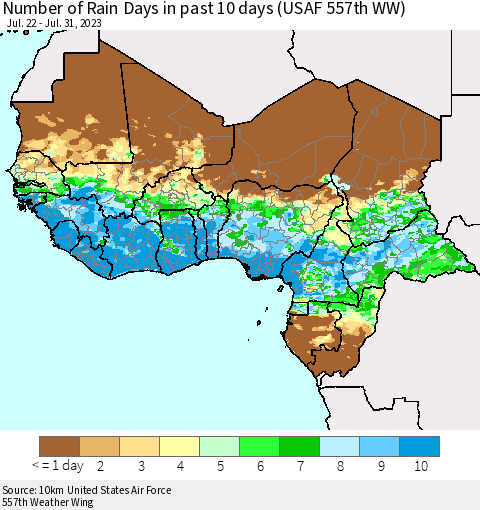 Western Africa Number of Rain Days in past 10 days (USAF 557th WW) Thematic Map For 7/26/2023 - 7/31/2023