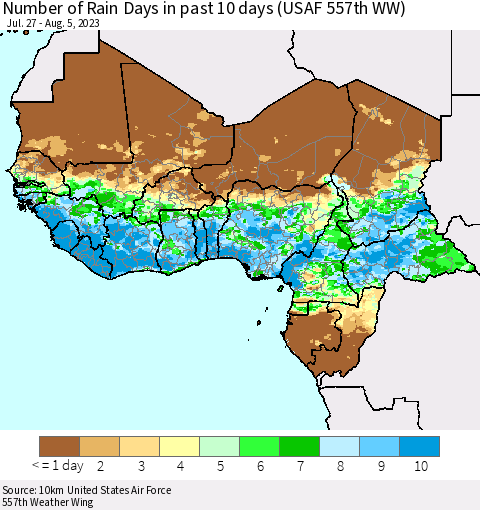 Western Africa Number of Rain Days in past 10 days (USAF 557th WW) Thematic Map For 8/1/2023 - 8/5/2023