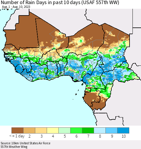 Western Africa Number of Rain Days in past 10 days (USAF 557th WW) Thematic Map For 8/6/2023 - 8/10/2023