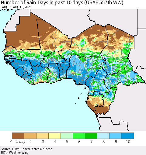 Western Africa Number of Rain Days in past 10 days (USAF 557th WW) Thematic Map For 8/11/2023 - 8/15/2023