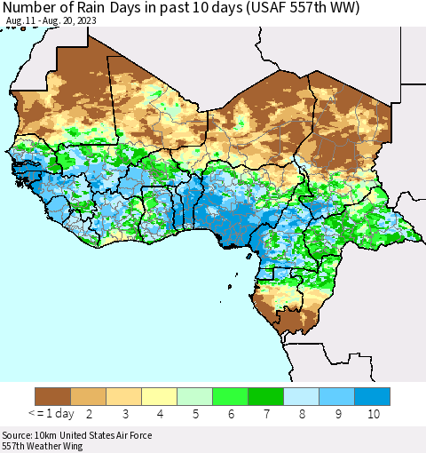 Western Africa Number of Rain Days in past 10 days (USAF 557th WW) Thematic Map For 8/16/2023 - 8/20/2023
