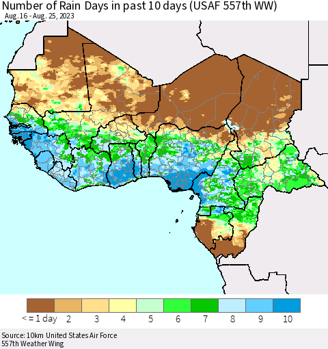 Western Africa Number of Rain Days in past 10 days (USAF 557th WW) Thematic Map For 8/21/2023 - 8/25/2023