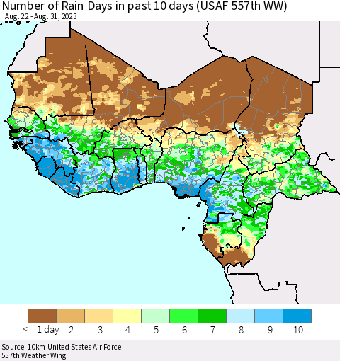 Western Africa Number of Rain Days in past 10 days (USAF 557th WW) Thematic Map For 8/26/2023 - 8/31/2023