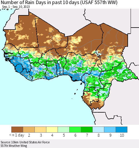 Western Africa Number of Rain Days in past 10 days (USAF 557th WW) Thematic Map For 9/6/2023 - 9/10/2023