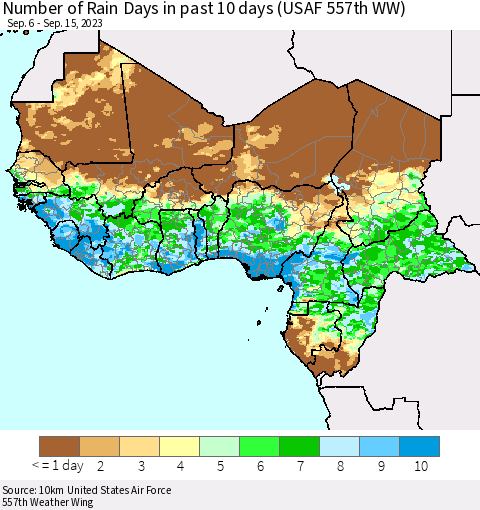 Western Africa Number of Rain Days in past 10 days (USAF 557th WW) Thematic Map For 9/11/2023 - 9/15/2023