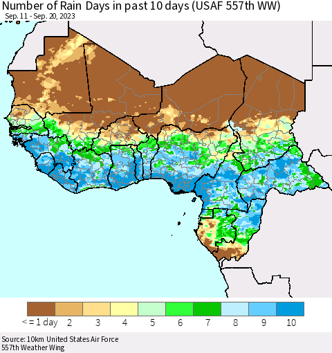 Western Africa Number of Rain Days in past 10 days (USAF 557th WW) Thematic Map For 9/16/2023 - 9/20/2023