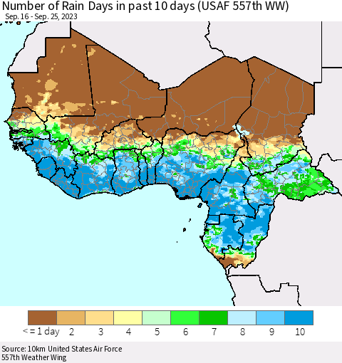 Western Africa Number of Rain Days in past 10 days (USAF 557th WW) Thematic Map For 9/21/2023 - 9/25/2023