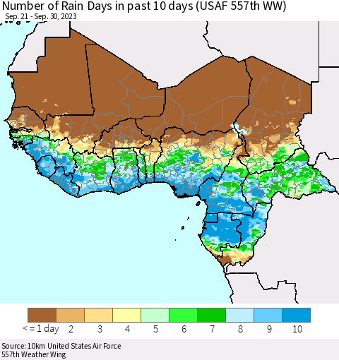 Western Africa Number of Rain Days in past 10 days (USAF 557th WW) Thematic Map For 9/26/2023 - 9/30/2023