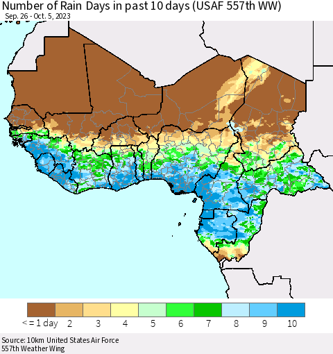 Western Africa Number of Rain Days in past 10 days (USAF 557th WW) Thematic Map For 10/1/2023 - 10/5/2023
