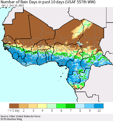 Western Africa Number of Rain Days in past 10 days (USAF 557th WW) Thematic Map For 10/6/2023 - 10/10/2023