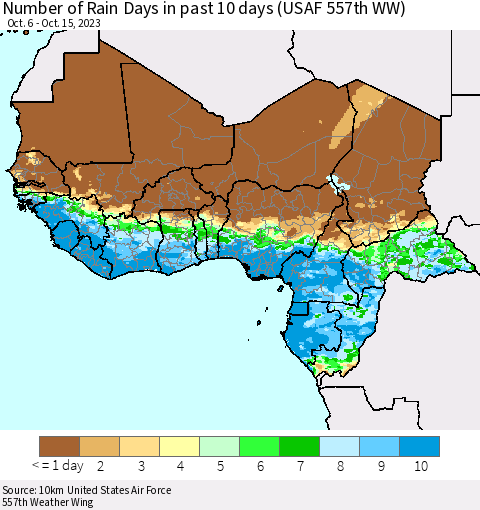 Western Africa Number of Rain Days in past 10 days (USAF 557th WW) Thematic Map For 10/11/2023 - 10/15/2023