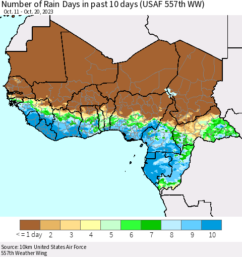 Western Africa Number of Rain Days in past 10 days (USAF 557th WW) Thematic Map For 10/16/2023 - 10/20/2023