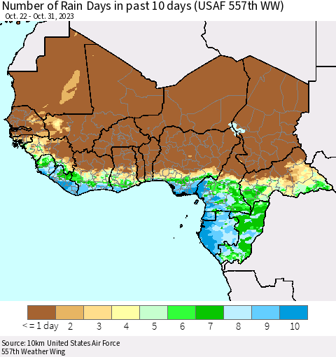 Western Africa Number of Rain Days in past 10 days (USAF 557th WW) Thematic Map For 10/26/2023 - 10/31/2023