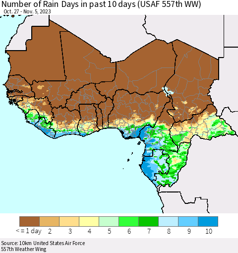 Western Africa Number of Rain Days in past 10 days (USAF 557th WW) Thematic Map For 11/1/2023 - 11/5/2023