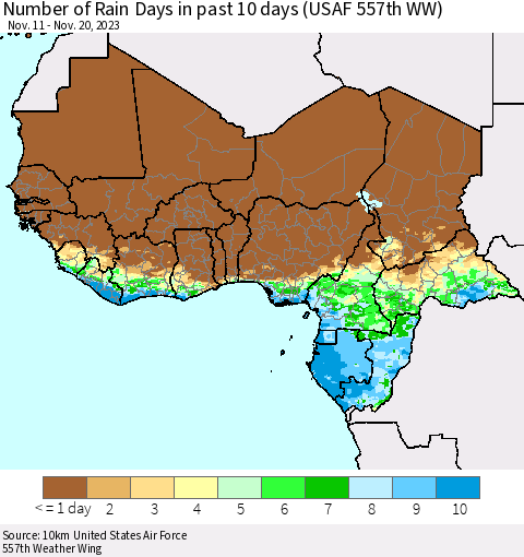 Western Africa Number of Rain Days in past 10 days (USAF 557th WW) Thematic Map For 11/16/2023 - 11/20/2023