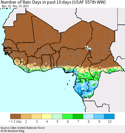 Western Africa Number of Rain Days in past 10 days (USAF 557th WW) Thematic Map For 11/21/2023 - 11/25/2023
