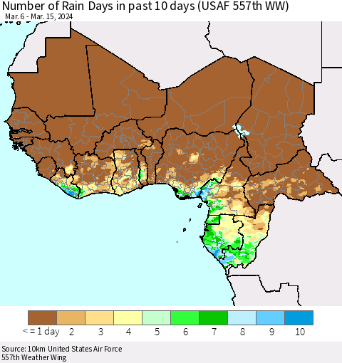 Western Africa Number of Rain Days in past 10 days (USAF 557th WW) Thematic Map For 3/11/2024 - 3/15/2024