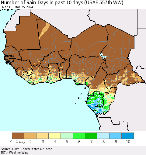 Western Africa Number of Rain Days in past 10 days (USAF 557th WW) Thematic Map For 3/21/2024 - 3/25/2024