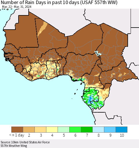 Western Africa Number of Rain Days in past 10 days (USAF 557th WW) Thematic Map For 3/26/2024 - 3/31/2024